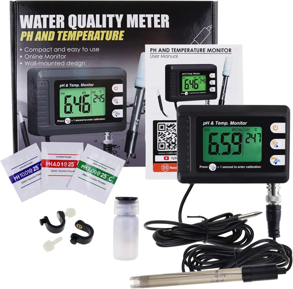 2 in 1 Temperature pH Monitor Meter Tester Sensor test Kit 0~14 pH Automatic Calibration BNC electrode Probe for Hydroponics Aquarium Lab Testing Food Drinking Water pH of saltwater/seawater