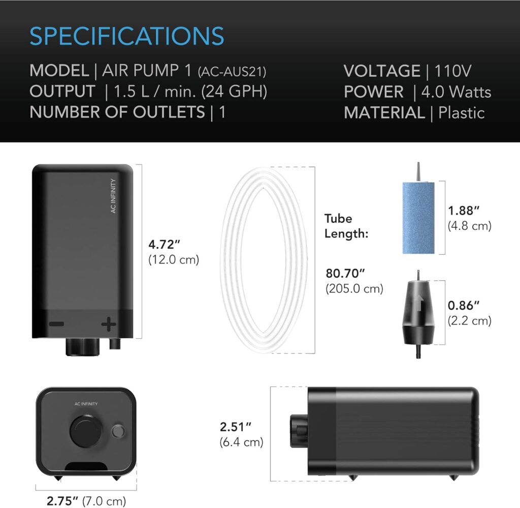 AC Infinity Air Pump 24 GPH (1.5 L/M), One-Outlet Adjustable Oxygen Pump Kit with Tubing, Check Valve, and Air Stone, for Aquariums, Ponds, and Hydroponics Systems