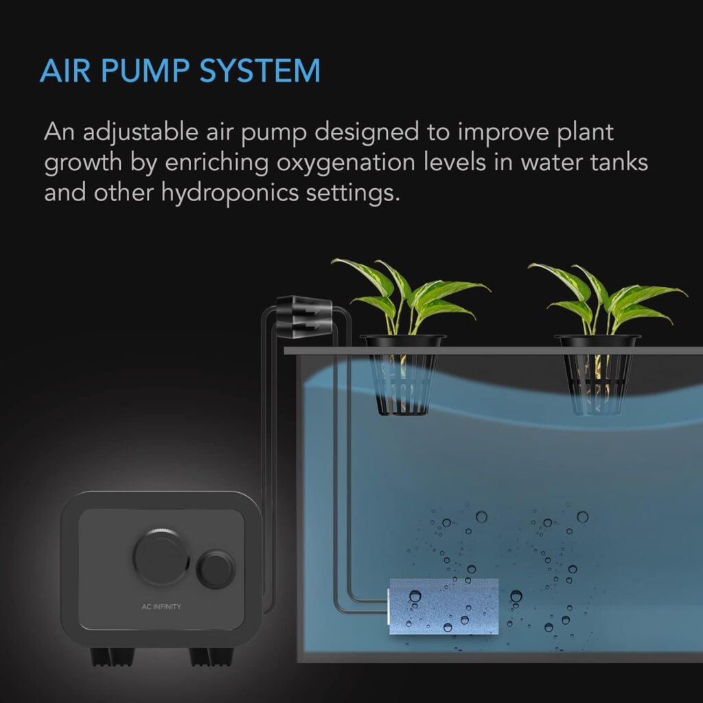 AC Infinity Air Pump 45 GPH (2.8 L/M), Dual-Outlet Adjustable Oxygen Pump Kit with Tubing, Check Valves, and Air Stones, for Aquariums, Ponds, and Hydroponics Systems