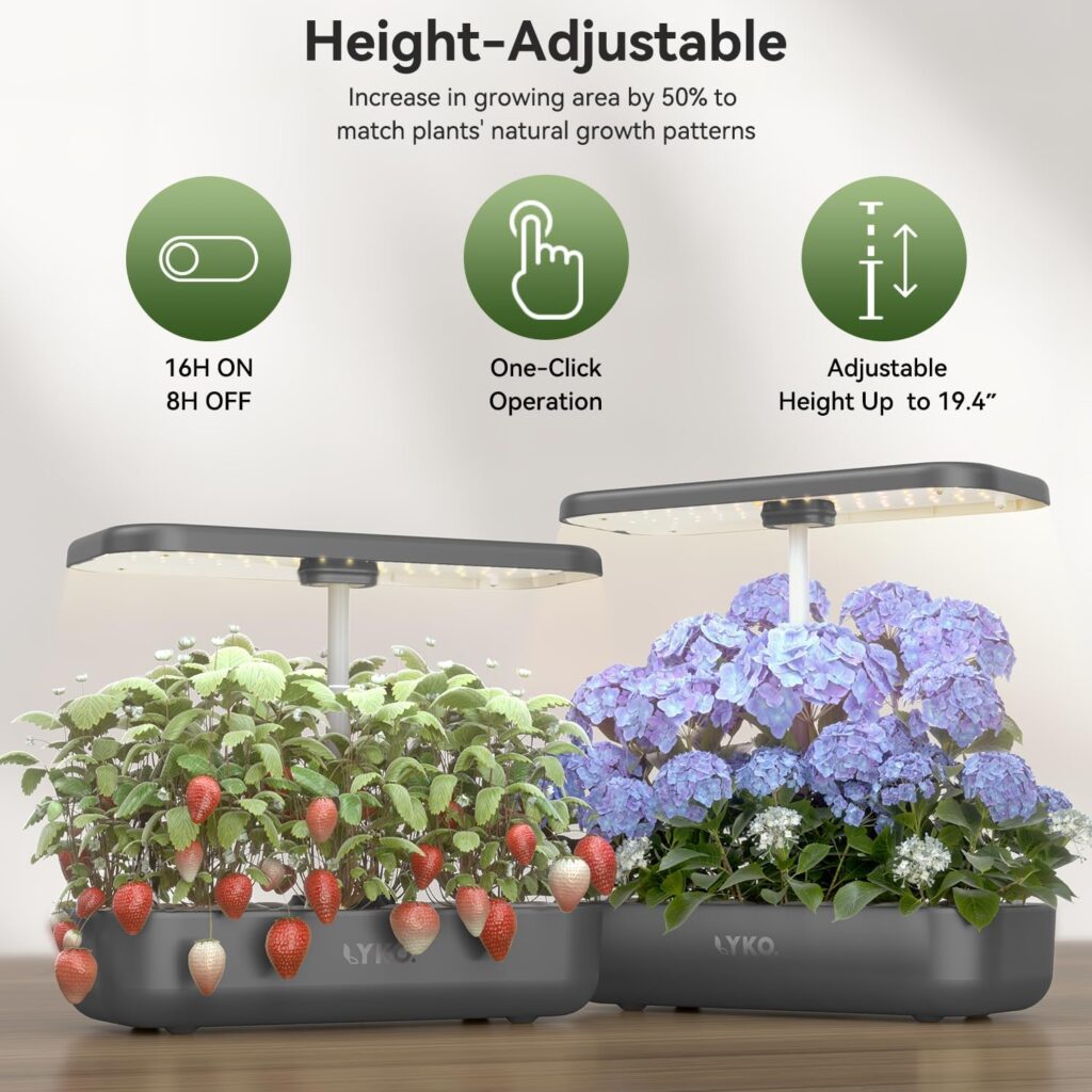 Hydroponics Growing System, LYKO 12 Pods Indoor Garden with 36W 80 LED Grow Lights, Automatic Timer  Pump, Adjustable Height Up to 19.4 3.5L Water Tank, Herb Garden Kit Indoor for Home Kitchen Grey