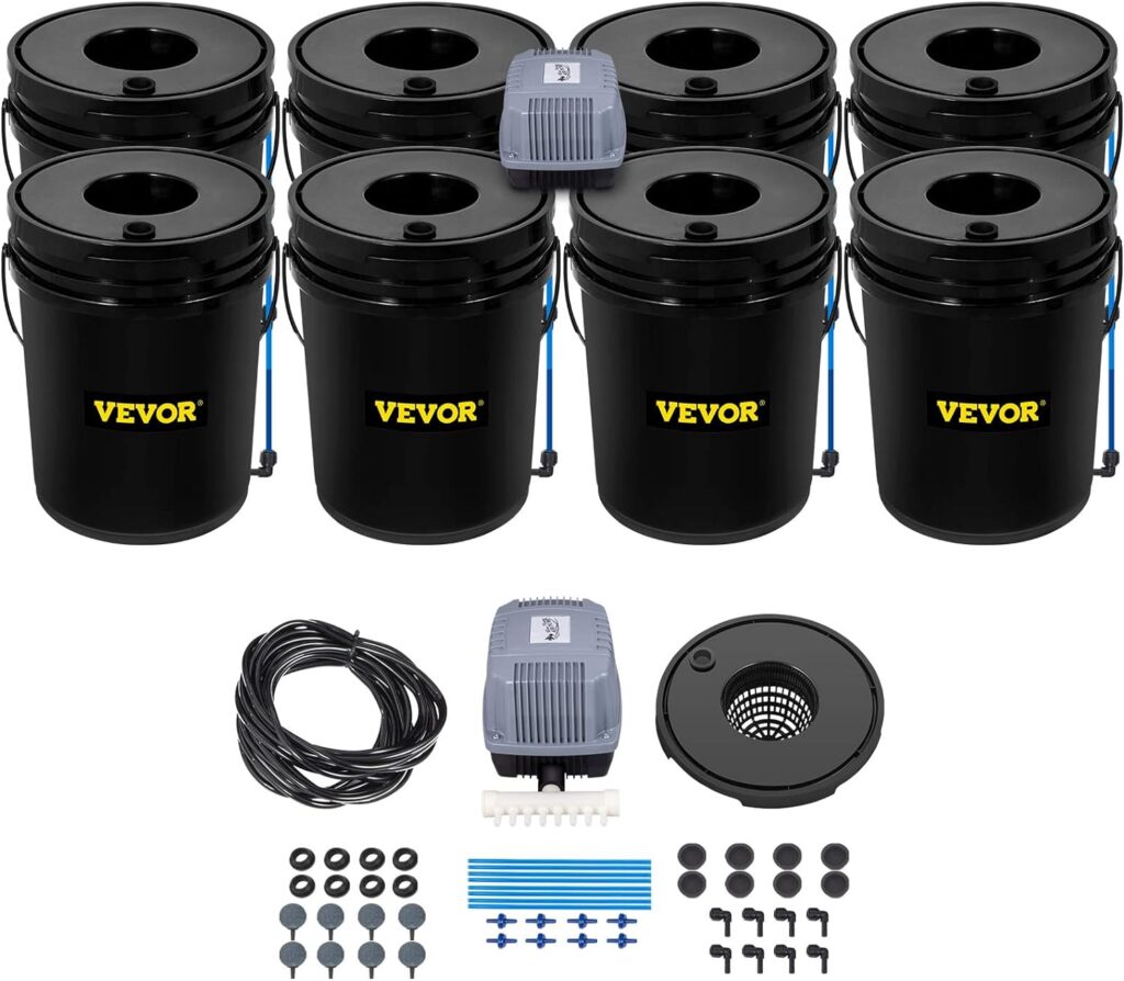 VEVOR 8 Buckets DWC Hydroponic System, 5 Gallon, Deep Culture, Plants Grow Kit with Pump, Air Stone and Water Level Device, for Indoor/Outdoor Leafy Vegetables, Black