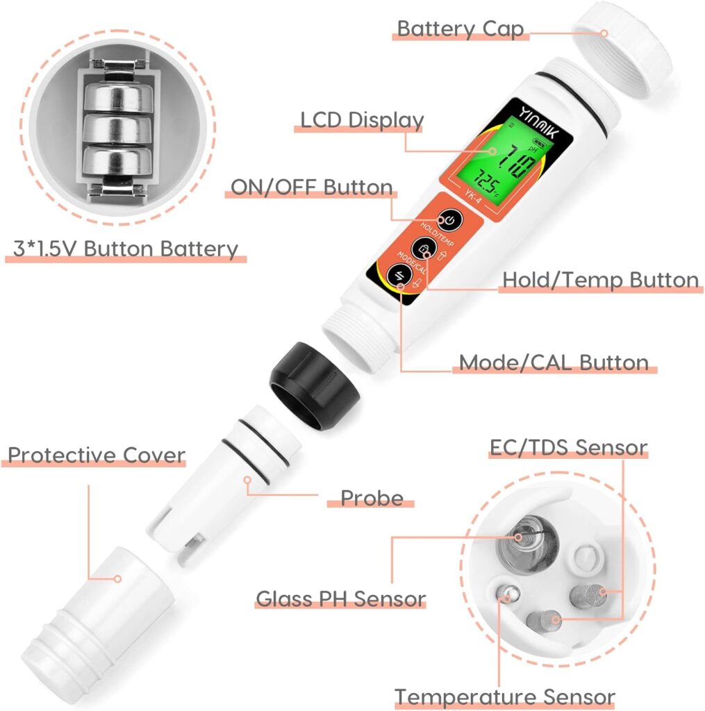 YINMIK PH Meter, Digital 4 in 1 PH EC TDS Temp Meter for Water Hydroponics, Waterproof DWC PH and EC PPM Water Tester with Backlit for Nutrients Growing, Indoor Garden, Home Brewing, Pool, Aquarium