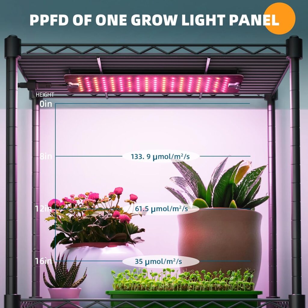 Barrina Plant Shelf with Grow Light, 5-Tier Plant Stand with 40W Ultra-Thin Grow Light Panel for Hydroponics, Seedlings, Succulents, Veg, Flowers  More, Timer Switch, 15.7 L x 11.8 W x 59.1 H