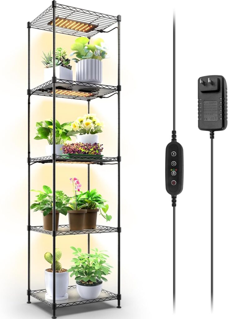 Barrina Plant Shelf with Grow Light, 5-Tier Plant Stand with 40W Ultra-Thin Grow Light Panel for Hydroponics, Seedlings, Succulents, Veg, Flowers  More, Timer Switch, 15.7 L x 11.8 W x 59.1 H