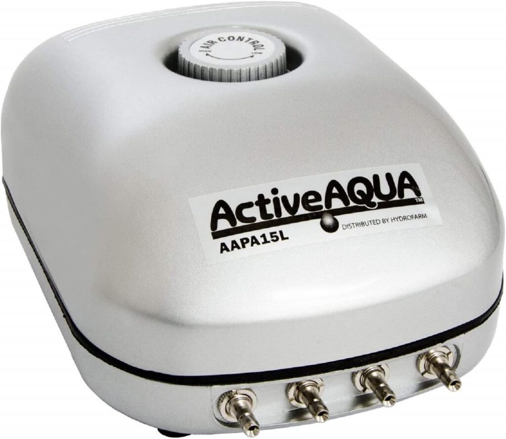 Hydrofarm AAPA15L Active Aqua, 4 Outlets, 6W, 15 L/min Air Pump, Silver,Grey