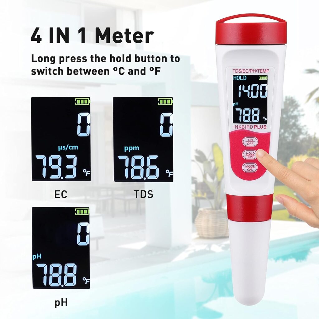 INKBIRDPLUS pH Meter, Digital 4 in 1 PH EC TDS Temp Meter for Water Hydroponics, Waterproof and EC PPM Water Tester with Backlight for Laboratory, Nutrients Growing, Household Drinking, Pool, Aquarium