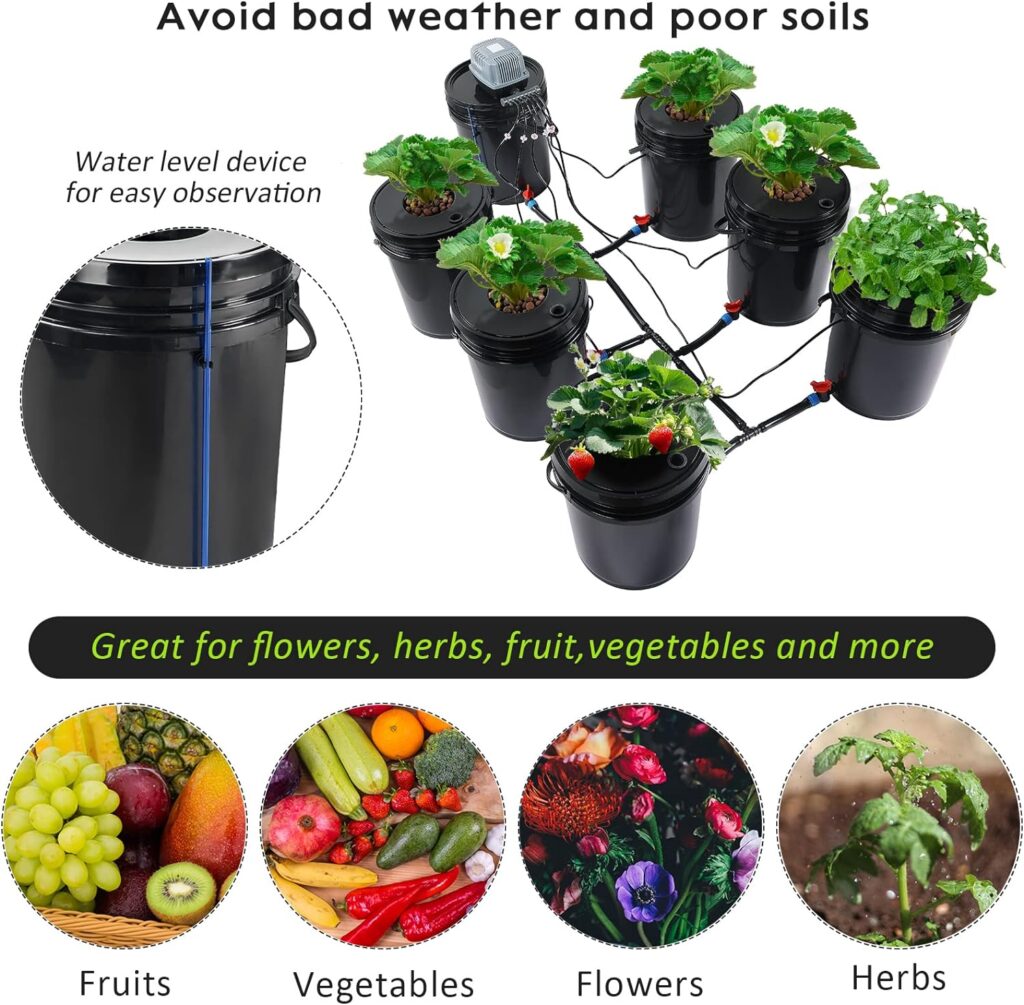 MAOPINER Deep Water Culture Hydroponic Bucket Kit with Air Pump, Airstone DWC Hydroponic System Indoor 5.28 Gallon (6 Buckets)