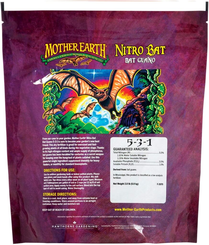 Mother Earth Products HGC733955 Nitro Bat Bat Guano 5-3-1 Plant Fertilizer for Vegetative Plants, Flowers and Tomatoes, 2 lbs, Natural