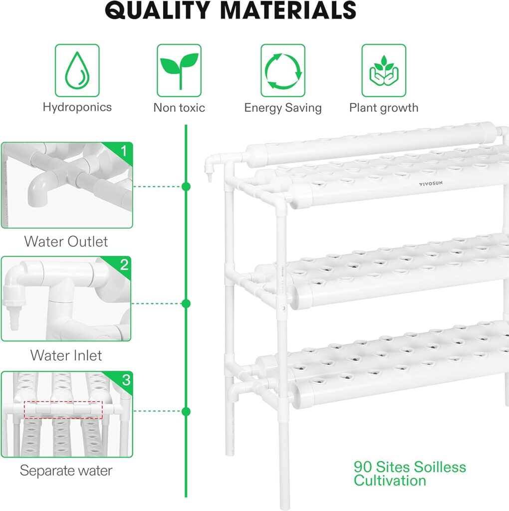 VIVOSUN Hydroponics Growing System 90 Plant Sites, 3 Layers 10 Food-Grade PVC-U Pipes Hydroponic Gardening System Grow Kit with Water Pump, Pump Timer, Nest Basket and Sponge for Leafy Vegetables