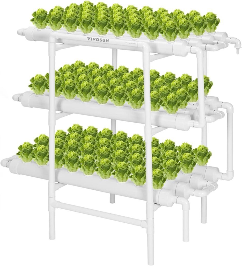 VIVOSUN Hydroponics Growing System 90 Plant Sites, 3 Layers 10 Food-Grade PVC-U Pipes Hydroponic Gardening System Grow Kit with Water Pump, Pump Timer, Nest Basket and Sponge for Leafy Vegetables