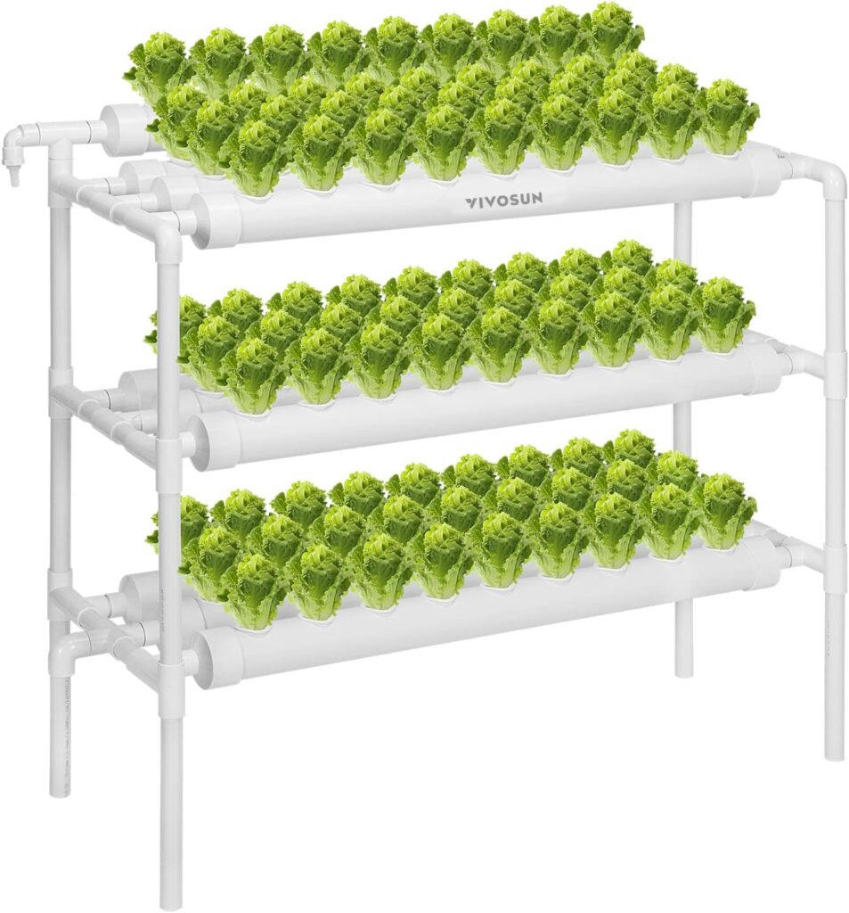 VIVOSUN Hydroponics Growing System 90 Plant Sites, 3 Layers 10 Food-Grade PVC-U Pipes Hydroponic Gardening System Grow Kit with Water Pump, Pump Timer, Nest Basket and Sponge for Leafy Vegetables