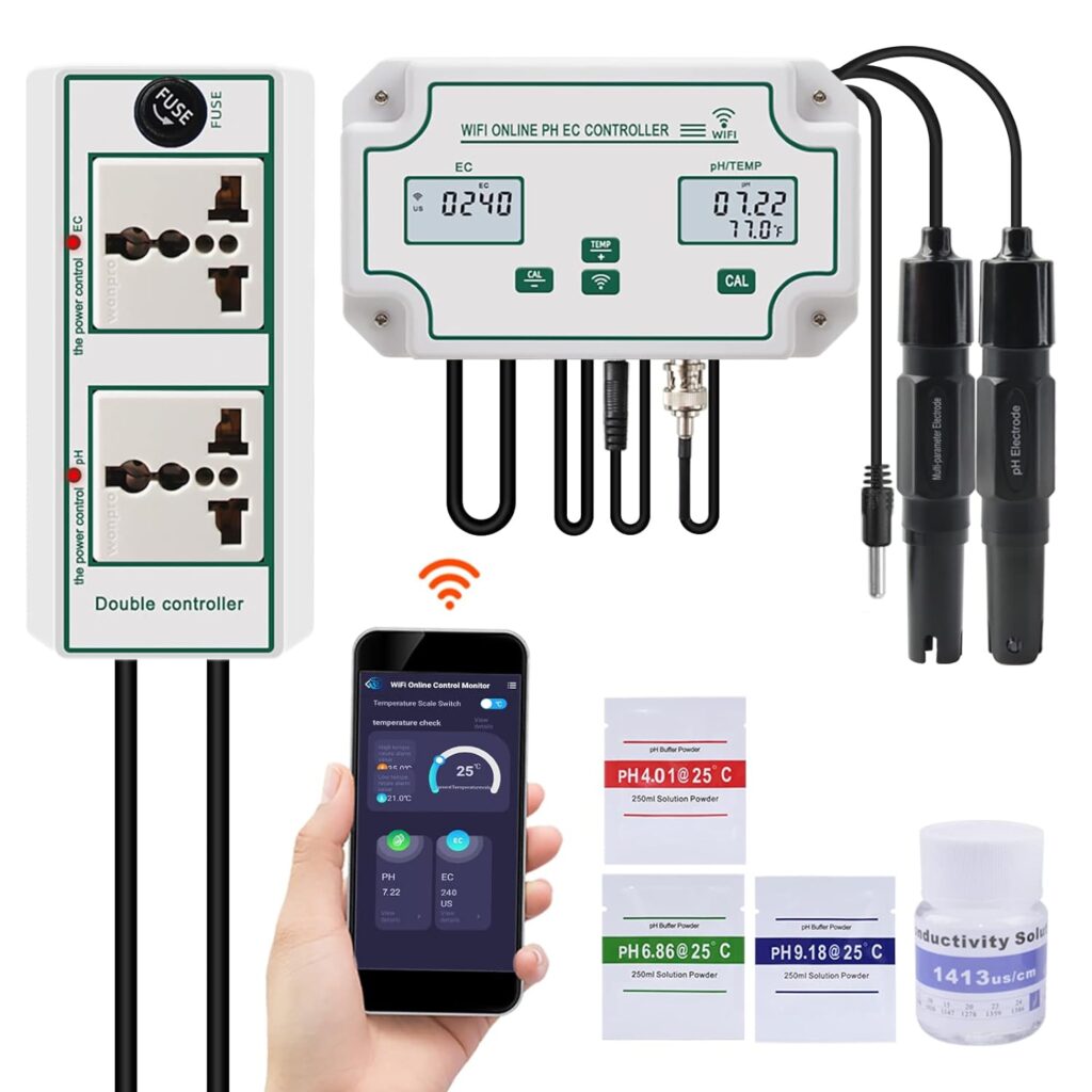 Yewhick Smart pH EC Monitor with Controller, Hydroponic Nutrients Tester, Professional EC pH Meter, APP Online Nutrient Meter with Data Logger Function for Hydroponics System Agricultural Irrigation