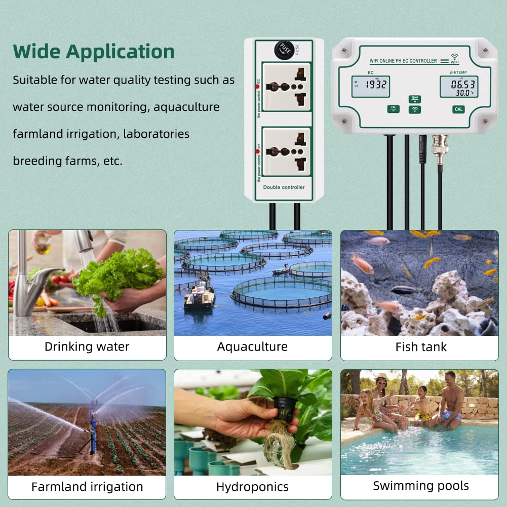 Yewhick Smart pH EC Monitor with Controller, Hydroponic Nutrients Tester, Professional EC pH Meter, APP Online Nutrient Meter with Data Logger Function for Hydroponics System Agricultural Irrigation