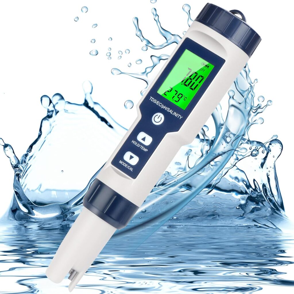 5 in 1 PH Meter for Water, PH/TDS/EC/Temp/Salt Meter, Salt Tester for Saltwater Pool, 0.01 Resolution High Accuracy Digital PH Tester for Hydroponics, Water, Wine, Aquariums and Fish Tank