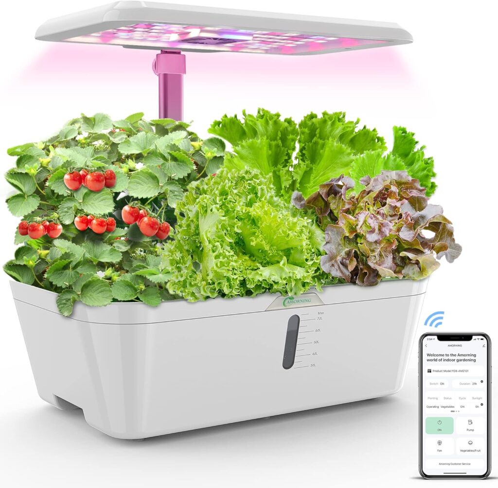 Alexa-WiFi Control APP 15Pods 7.5L Hydroponics Growing System Water Tank,Smart Indoor Garden LED Grow Light Included Seeds Built-in Fan,Pump,Up to 19.3 AMORNING