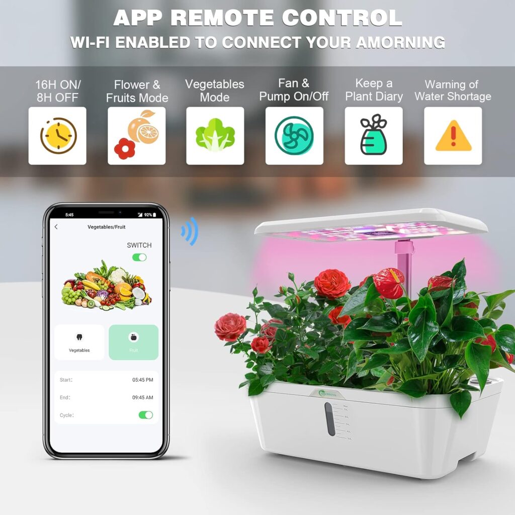 Alexa-WiFi Control APP 15Pods 7.5L Hydroponics Growing System Water Tank,Smart Indoor Garden LED Grow Light Included Seeds Built-in Fan,Pump,Up to 19.3 AMORNING