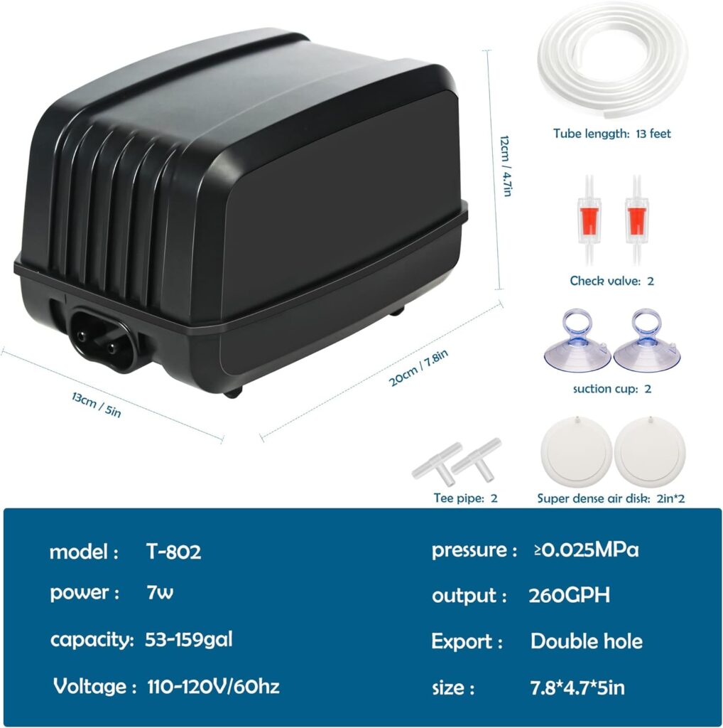 Aquarium Air Pump Kits, Adjustable Quiet Aerator 160GPH/260GPH/395GPH with Airstone Valve Tube