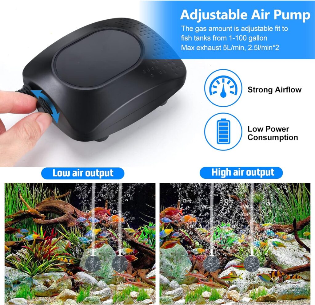 CWKJ Aquarium Air Pump Dual Outlets, Adjustable Quiet Oxygen Aerator Pump, Fish Tank Bubbler with Accessories Kit for Fish Tank up to 100 Gallons
