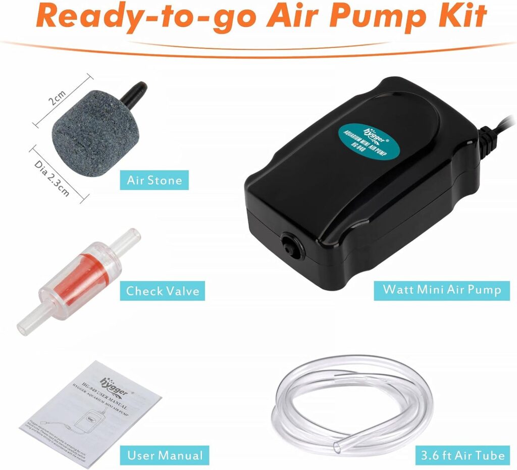 hygger Mini Aquarium Air Pump Kit Small Fish Tank Air Pump 1W for 1-20 Gallon Fish Bowl with Air Tube Air Bubbler Stone Check Valve (1W)