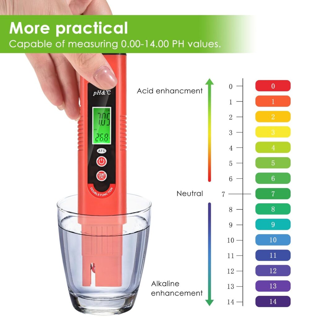 Lepmerk PH Meter,Three-Color LCD Display PH Pen Automatic Temperature Compensation ATC Function 0-14 PH Measurement Range for Household Drinking, Pool and Aquarium