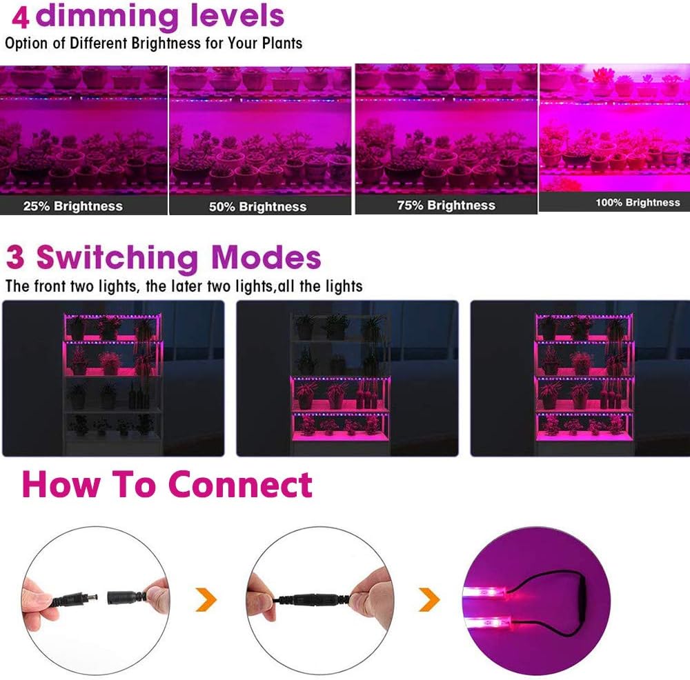 Roleadro Led Grow Light Strips for Indoor Plants, Full Spectrum Auto On  Off T5 Grow Lamp with Timer/Extension Cables Plant Lights Bar 4 Dimmable Levels