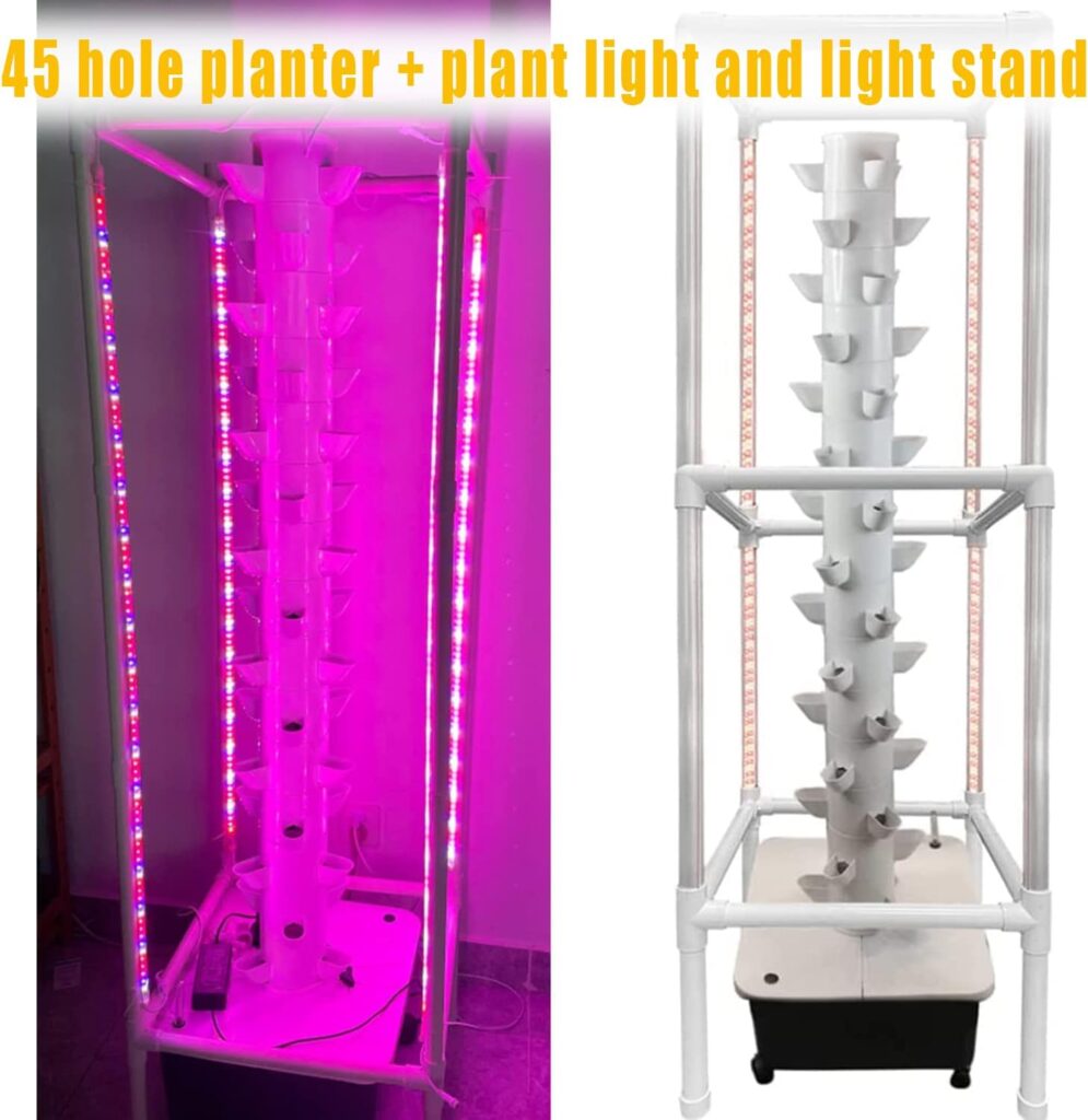 SRMNFADZ Hydroponic Tower Growing Sytem, Indoor Grow System with Grow Lights and Stands, Soilless Cultivation Grow Tower, 45 Holes Aeroponics Growing Kit