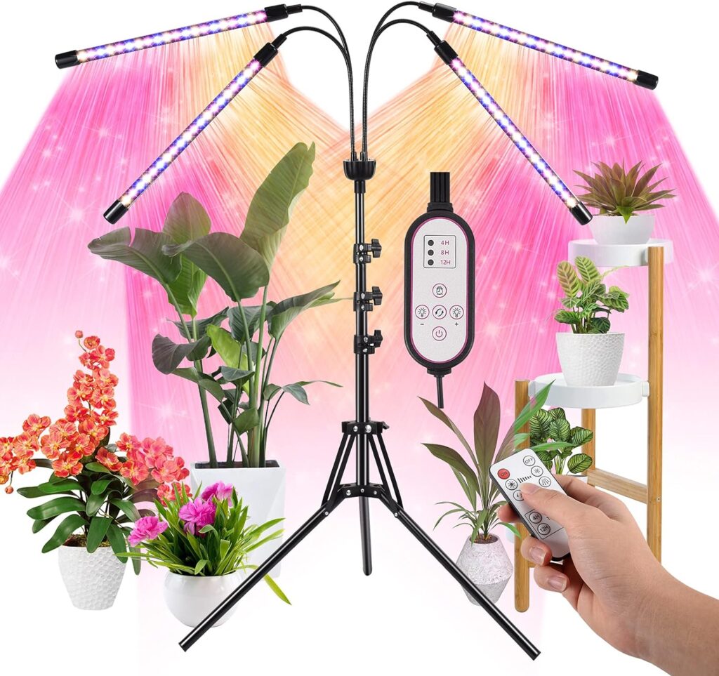 LED Grow Lights for Indoor Plants Full Spectrum with 15-60 inches Adjustable Tripod Stand, Red Blue White Floor Grow Lamp with 4/8/12H Timer with Remote Control