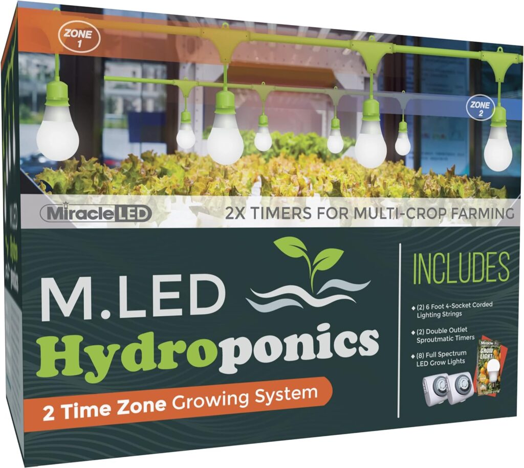 Miracle LED 2-Time Zone Hydroponics Indoor Growing System - Includes 8 Absolute Daylight Plus Full Spectrum 150W Replacement Grow Lights  2 4-Socket Corded Fixture with 2 SproutMatic Timers