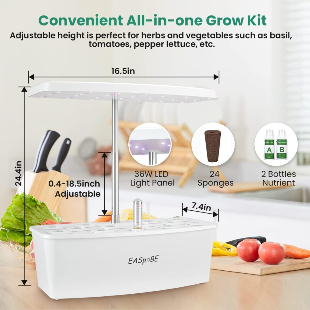 Hydroponic Growing System, Indoor Herb Garden, Smart Garden with LED Grow Light, 6L Water Tank Germination Kit, 18.5 Height Adjustable, White