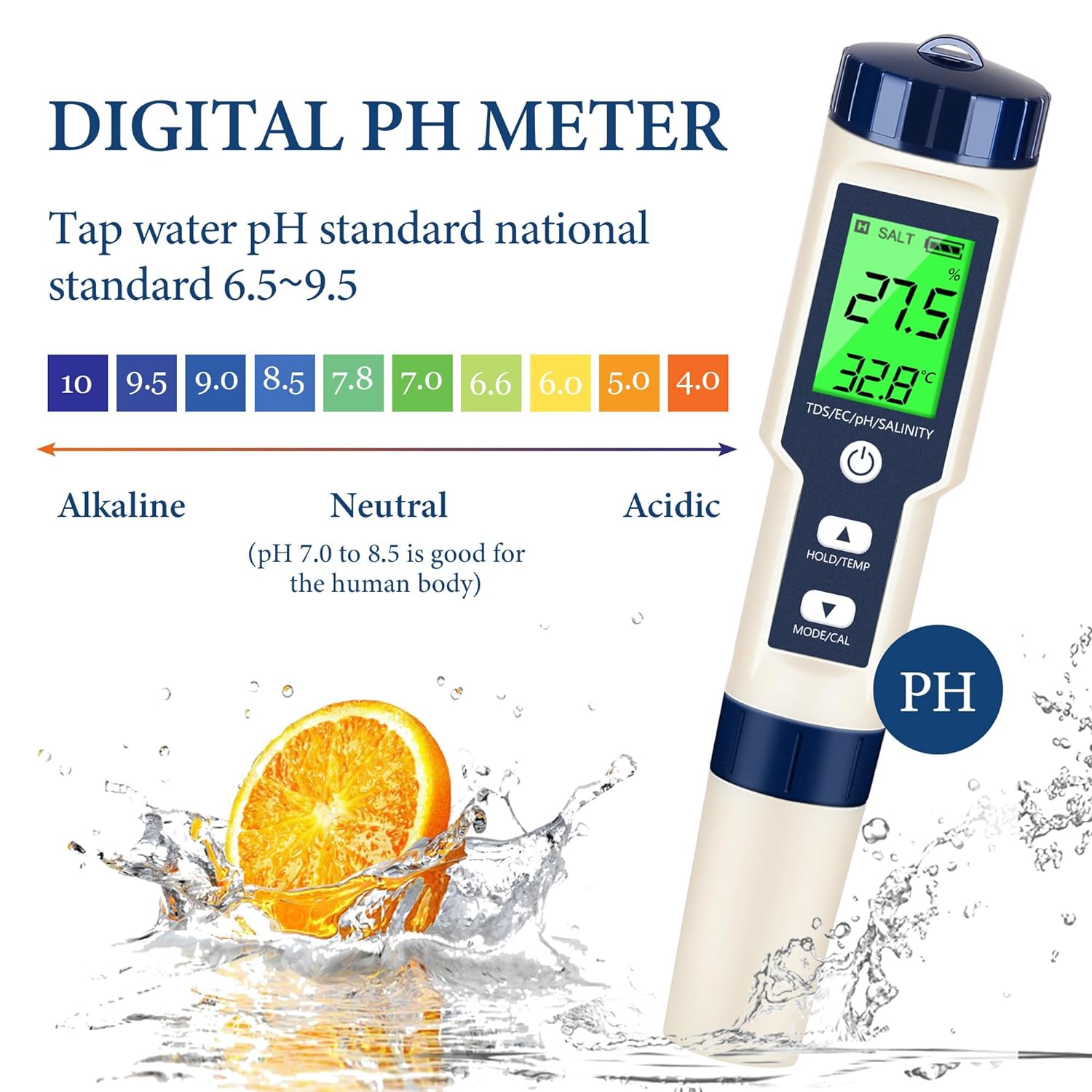 pH Meter for Water,Pool Water Tester 5 in 1 pH/TDS/Salinity/TempEC Meter,IP67 Waterproof pH Tester,TDS Meter Digital Water Tester with Backlit,Salt Water Pool Testing Kit for Aquarium  Seawater.