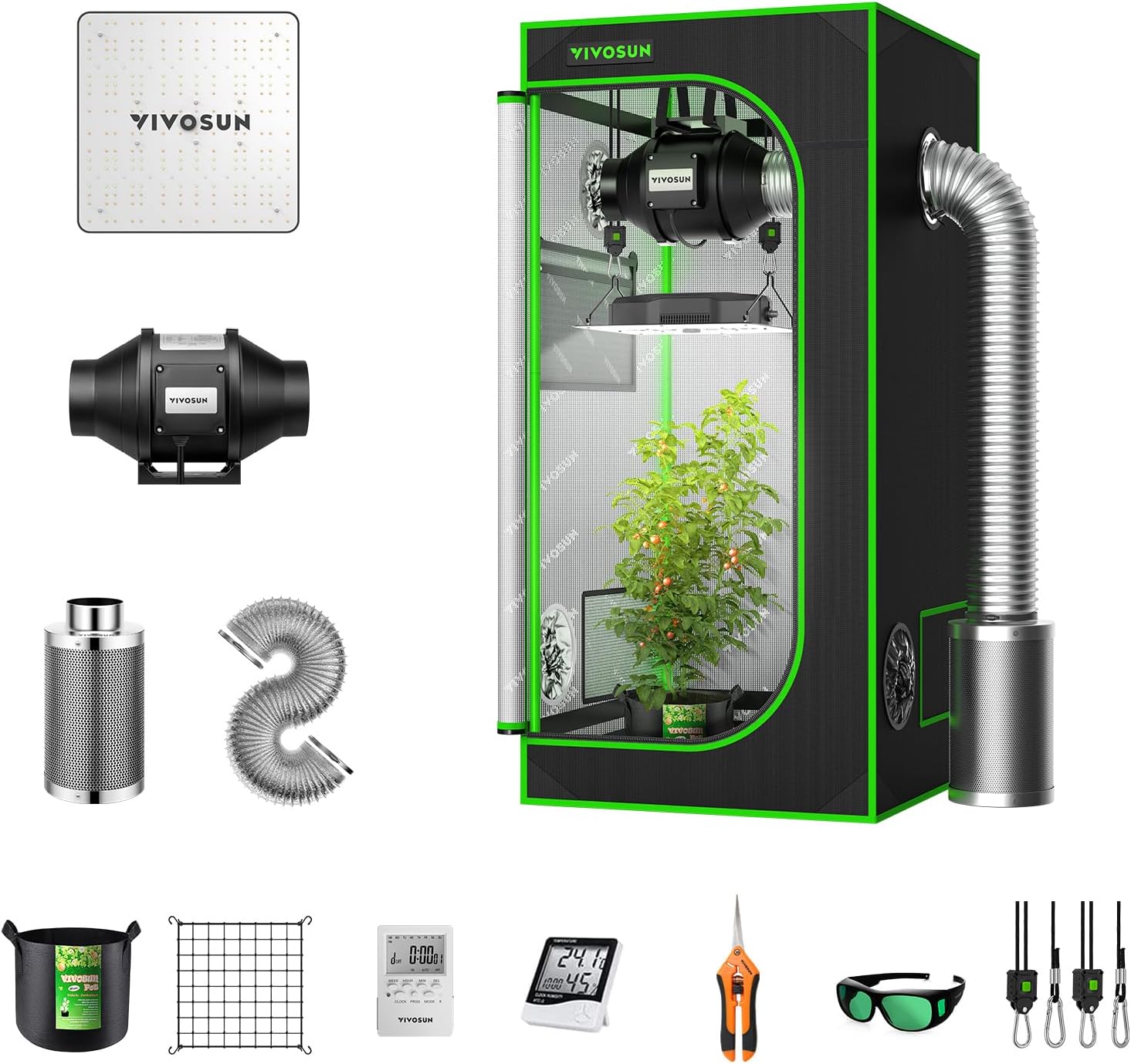 VIVOSUN Grow Tent Complete System, 2 x 2 ft. Grow Tent Kit Complete with VS1000 Led Grow Light, 4 Inch 190CFM Inline Fan, Carbon Filter and 8ft Ducting Combo, 24 x 24 x 48