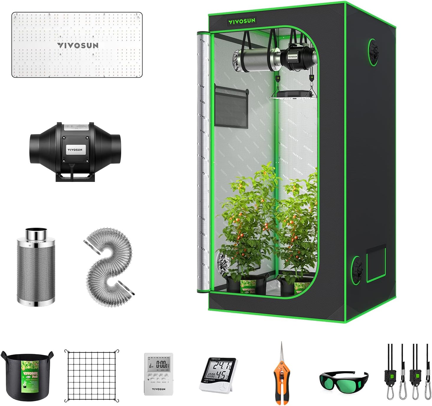 VIVOSUN Grow Tent Complete System, 2 x 2 ft. Grow Tent Kit Complete with VS1000 Led Grow Light, 4 Inch 190CFM Inline Fan, Carbon Filter and 8ft Ducting Combo, 24 x 24 x 48