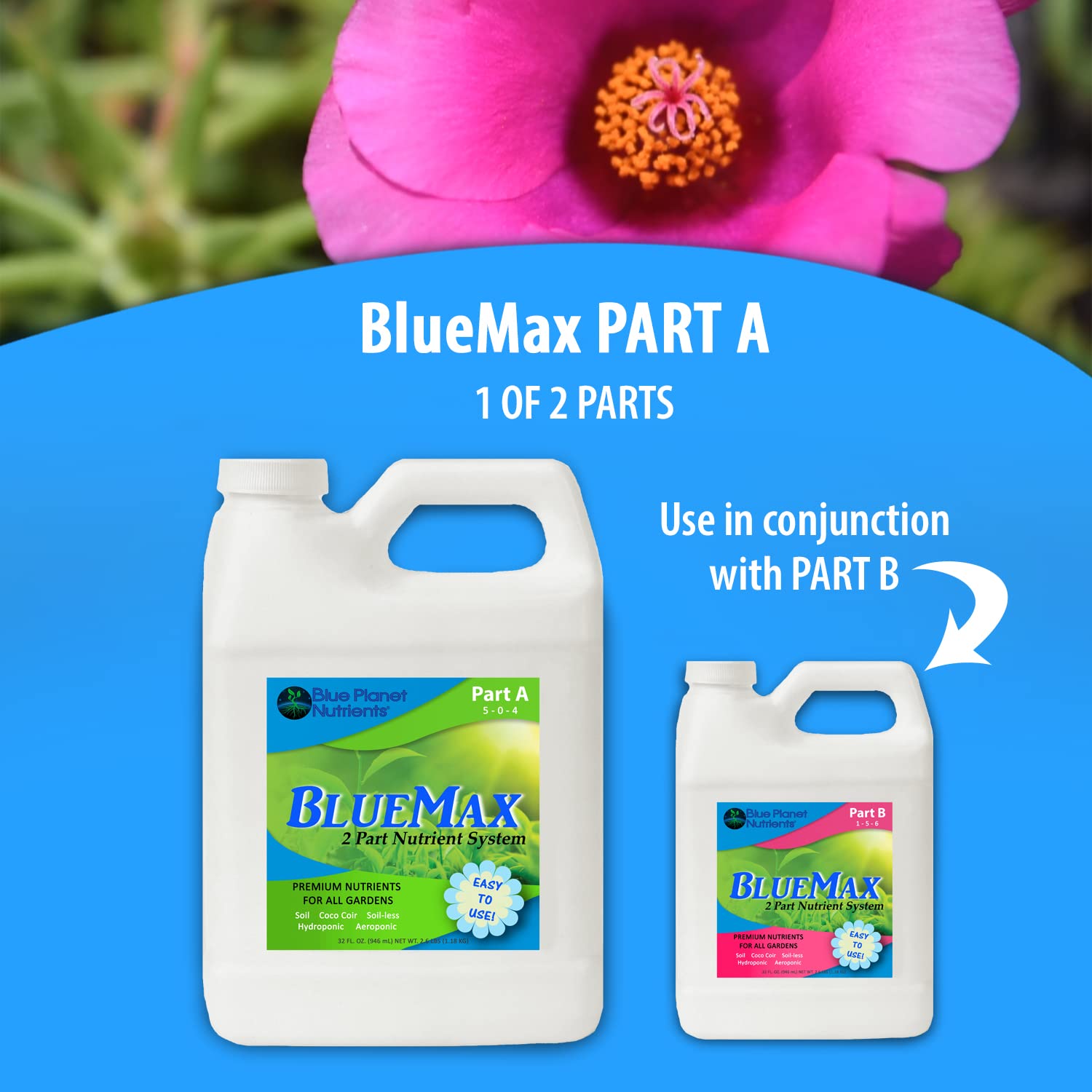 BlueMax Part A Gallon (128 oz) Premium Nutrients for All Gardens! | Grow Flowers, Herbs, Vegetables, Fruit | Soil Hydroponic Aeroponic Coco Coir Soil-Less | Blue Planet Nutrients