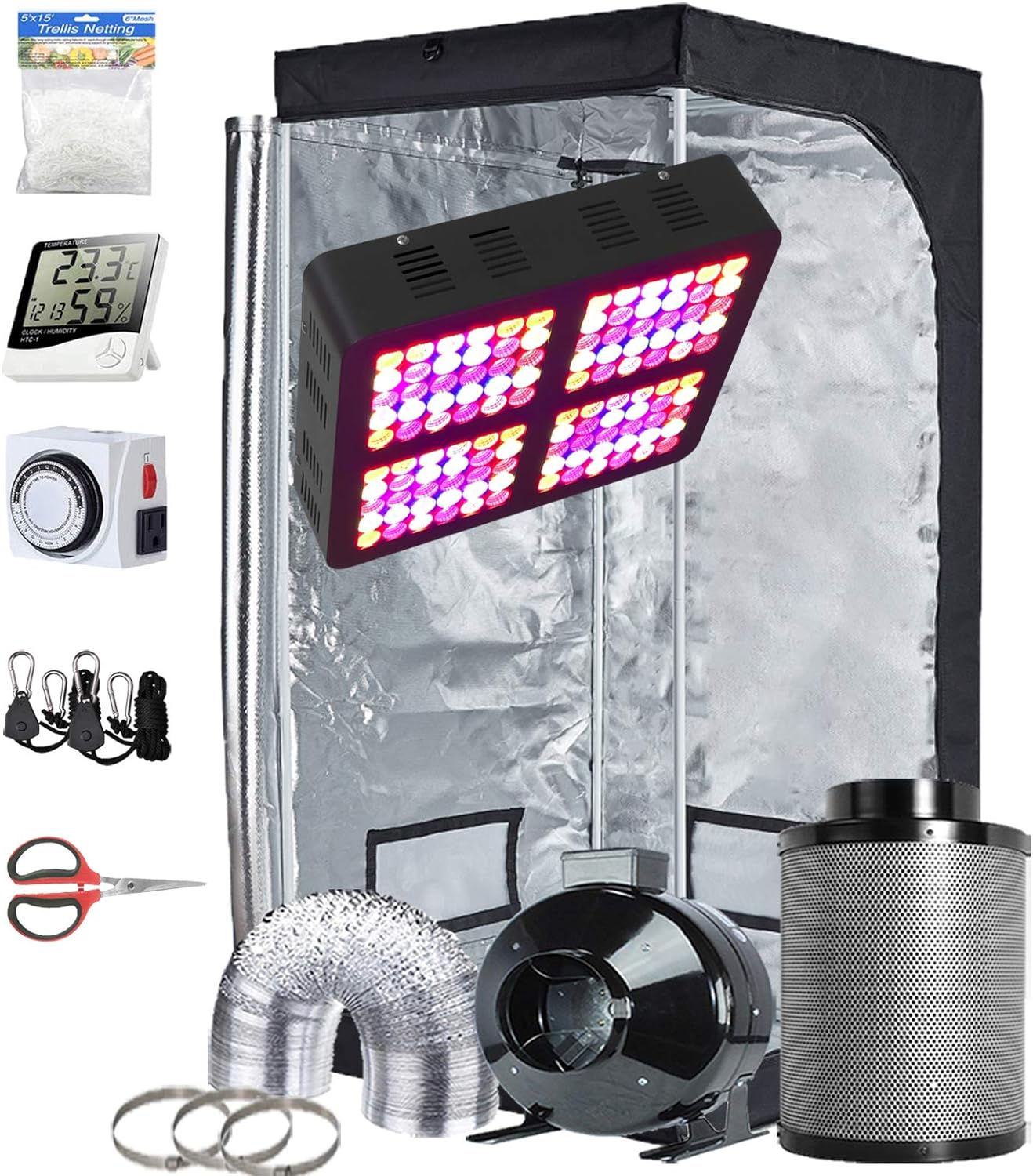 TopoGrow Hydroponic Small Grow Tent Complete Kit 600W Led Grow Light, 32X32X63 Mylar Growing Tent 4 Fan Filter Ventilation Kit with Grow Tent Accessories for Indoor Plants Growing System