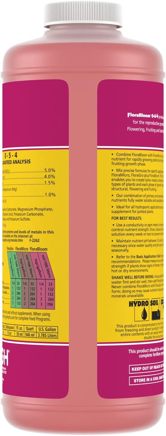 General Hydroponics FloraBloom 0-5-4, Use With FloraMicro  FloraGro for a Tailor-Made Nutrient Mix, Provides Nutrients for Reproductive Growth, Ideal for Hydroponics, 1-Quart