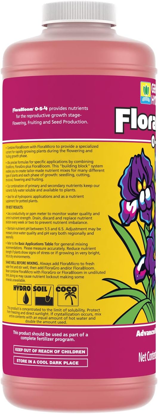 General Hydroponics FloraBloom 0-5-4, Use With FloraMicro  FloraGro for a Tailor-Made Nutrient Mix, Provides Nutrients for Reproductive Growth, Ideal for Hydroponics, 1-Quart