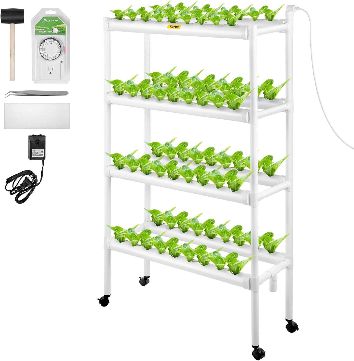 VEVOR Hydroponics Growing System, 72 Sites 8 Food-Grade PVC-U Pipes, 4 Layers Indoor Planting Kit with Water Pump, Timer, Nest Basket, Sponge, for Fruits, Vegetables, Herbs, White