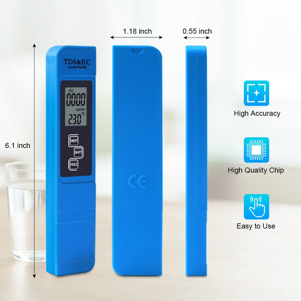 Zalengine TDS  EC Meter for Hydroponics, Household Drinking, Swimming Pool, Aquarium, Aquaculture, Lab - TDS EC Temp 3 in 1, TDS Meter, EC Meter, Digital Water Tester, 0-9999ppm, 0-9999μS/cm (Blue)