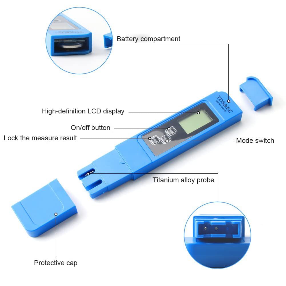 Zalengine TDS  EC Meter for Hydroponics, Household Drinking, Swimming Pool, Aquarium, Aquaculture, Lab - TDS EC Temp 3 in 1, TDS Meter, EC Meter, Digital Water Tester, 0-9999ppm, 0-9999μS/cm (Blue)