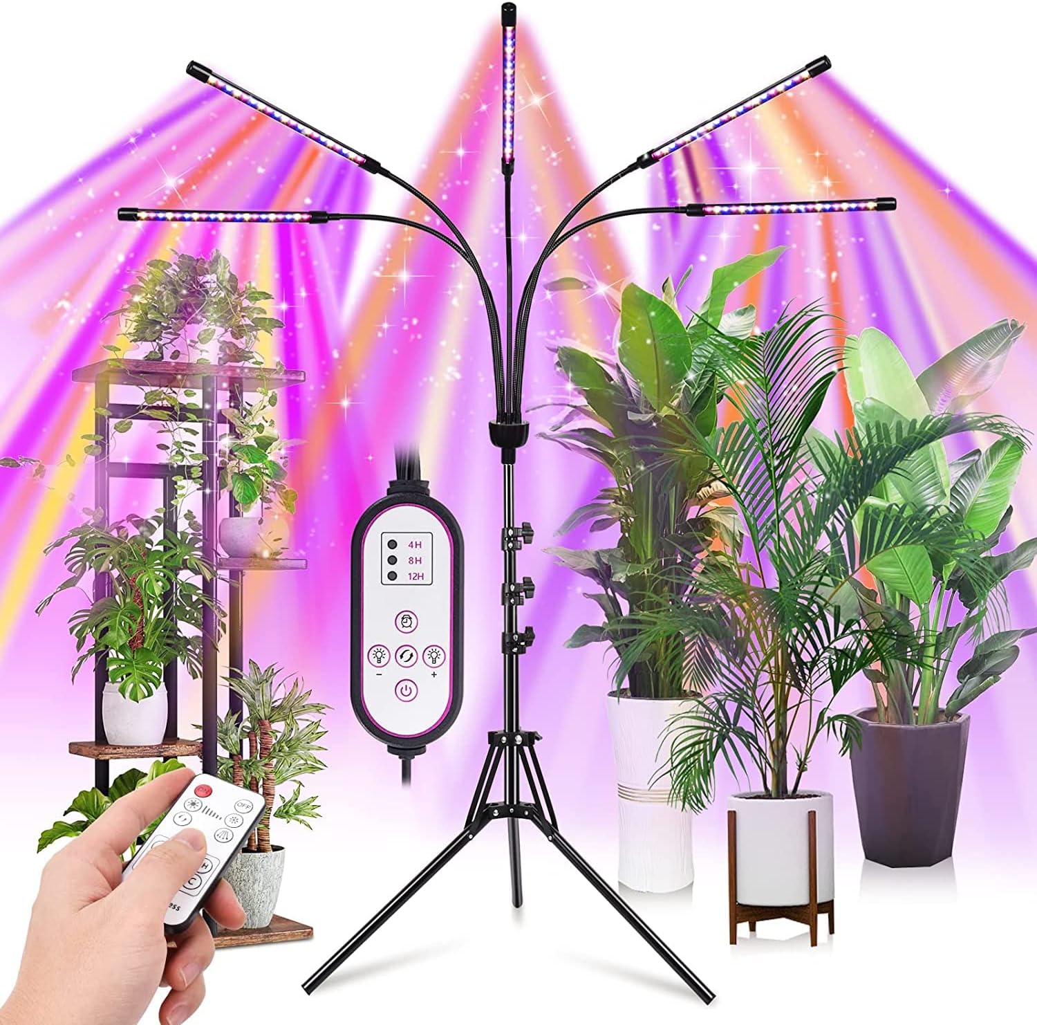 Grow Lights for Indoor Plants,5 Heads Red Blue White Full Spectrum Plant Light with 15-60 Adjustable Tripod Stand, Indoor Grow Lamp with Remote Control and Auto On/Off Timer Function