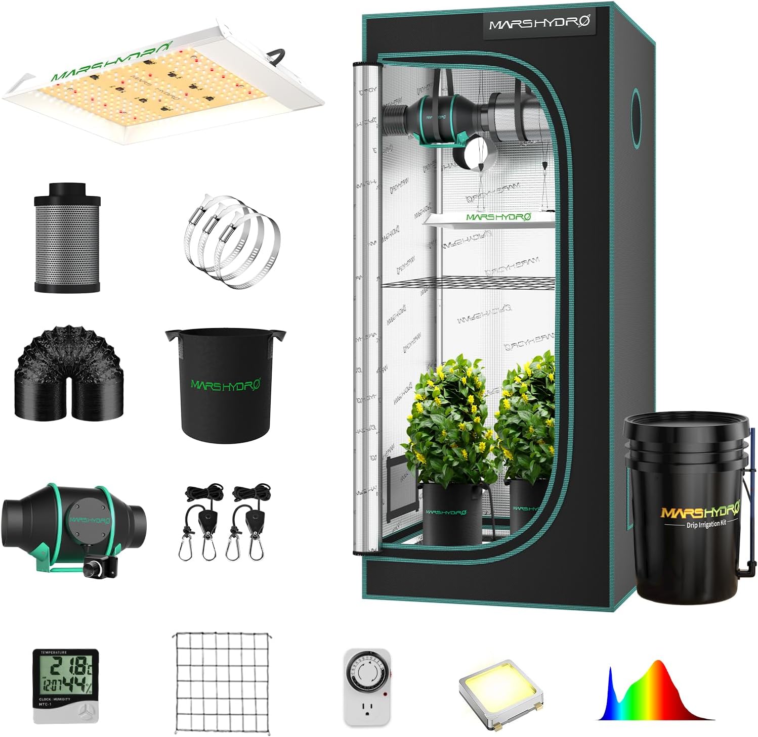 MARS HYDRO 2x2 Grow Tent Kit with auto Drip Irrigation Kits TS600 LED Grow Light Full Spectrum Indoor Grow Kit 24x24x55 Hydroponics Grow Tent 1680D Canvas with 4” Ventilation System