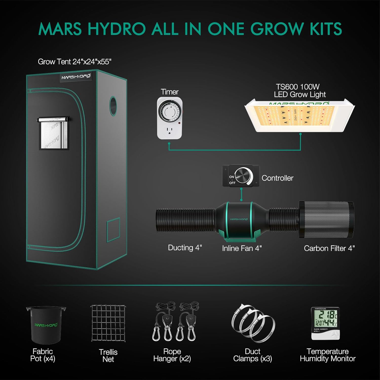 MARS HYDRO 2x2 Grow Tent Kit with auto Drip Irrigation Kits TS600 LED Grow Light Full Spectrum Indoor Grow Kit 24x24x55 Hydroponics Grow Tent 1680D Canvas with 4” Ventilation System