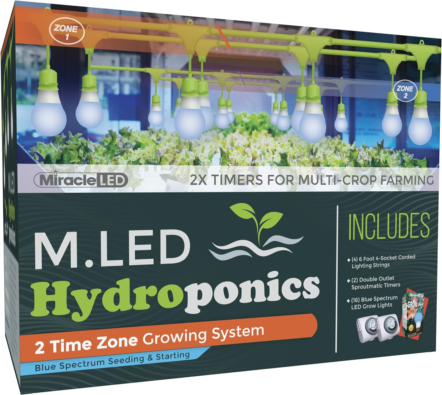 Miracle LED 2-Time Zone Hydroponics MLED Indoor Growing System - Includes 8 Ultra Grow Full Spectrum 150W Replacement Grow Lights  2 4-Socket Corded Fixture with 2 SproutMatic Timers (3-Pack)