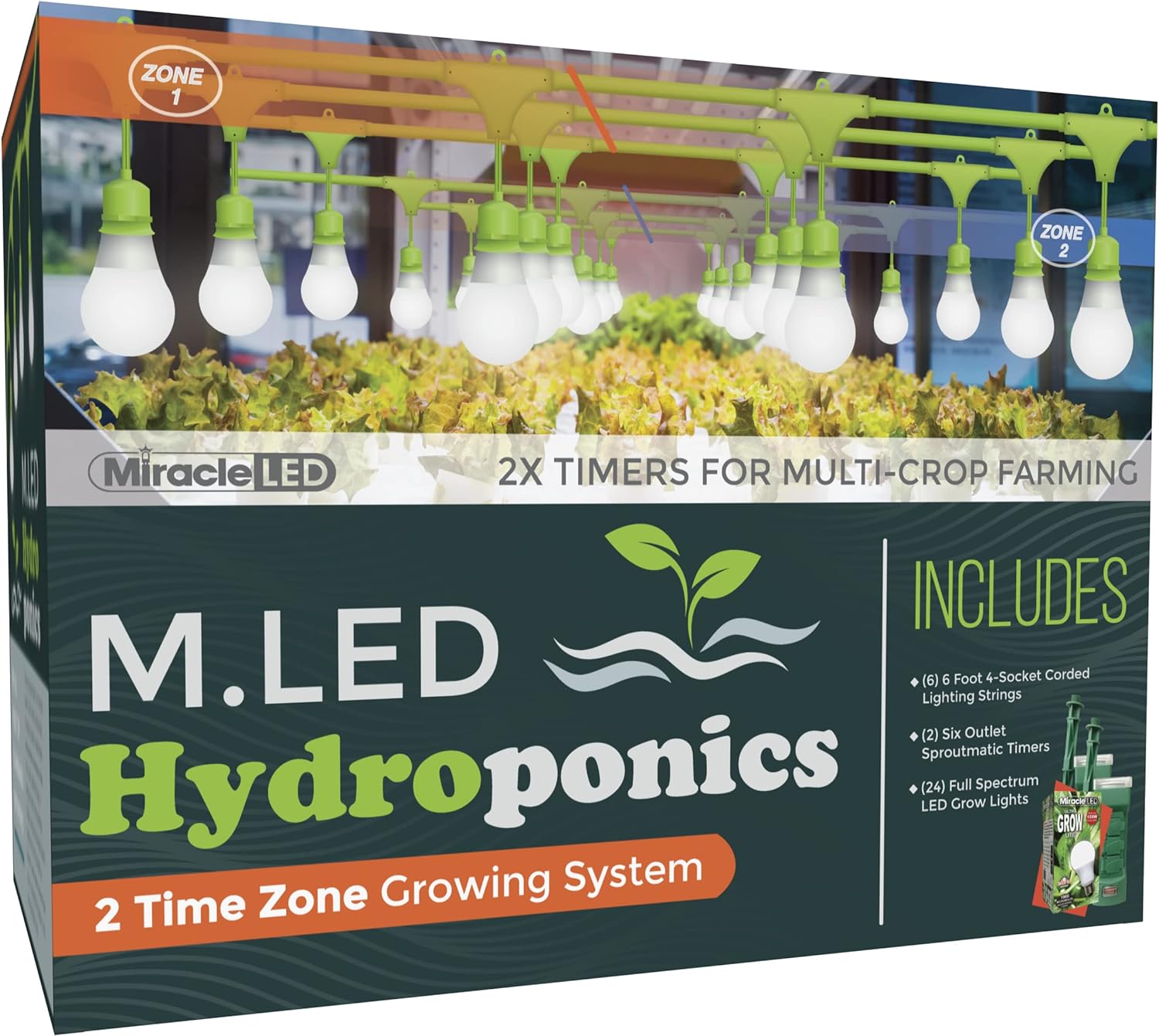 Miracle LED 2-Time Zone Hydroponics MLED Indoor Growing System - Includes 8 Ultra Grow Full Spectrum 150W Replacement Grow Lights  2 4-Socket Corded Fixture with 2 SproutMatic Timers (3-Pack)