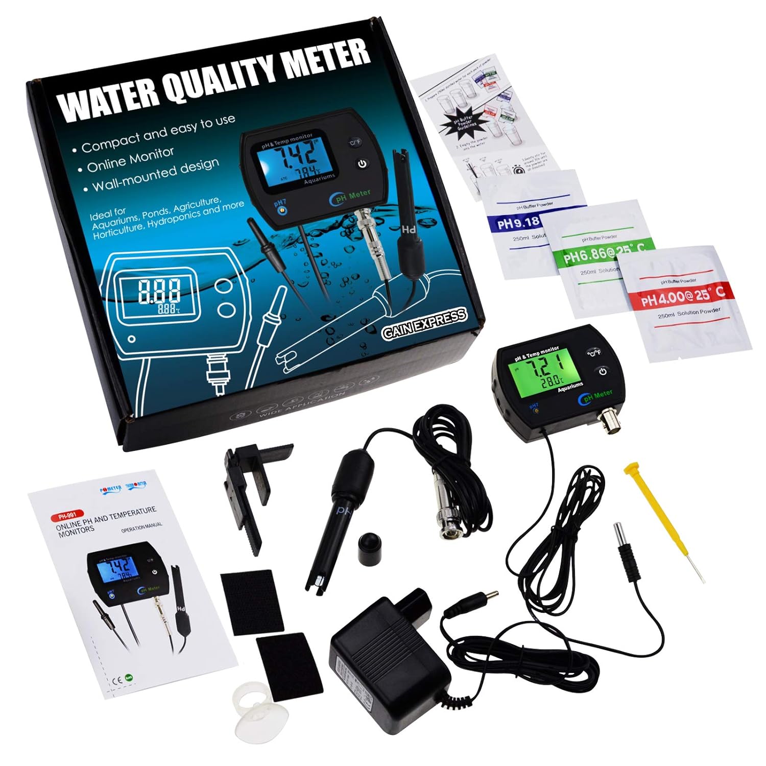 PH  Temperature 2-in-1 Continuous Monitor Meter w/Backlight Replaceable Electrode, Dual Display 0.00~14.00pH °C/ °F Water Quality Monitoring Kit, for Aquariums Hydroponics Pools Tanks Spa