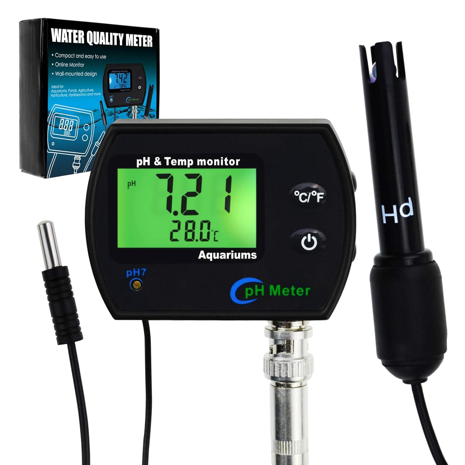 PH  Temperature 2-in-1 Continuous Monitor Meter w/Backlight Replaceable Electrode, Dual Display 0.00~14.00pH °C/ °F Water Quality Monitoring Kit, for Aquariums Hydroponics Pools Tanks Spa