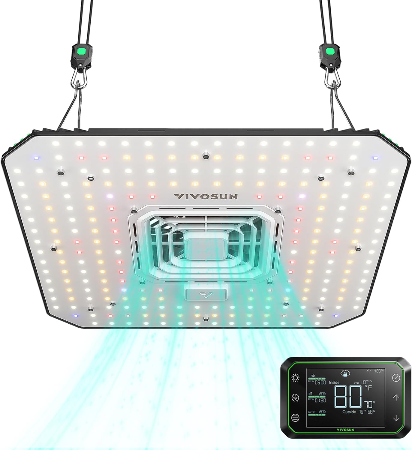 VIVOSUN AeroLight A100, Tunable Spectrum, LED Grow Light 100W with Integrated Circulation Fan  Growhub Controller E42A, Samsung LM301B Diodes, Compatible with App  E25, 2 x 2 Ft. Coverage