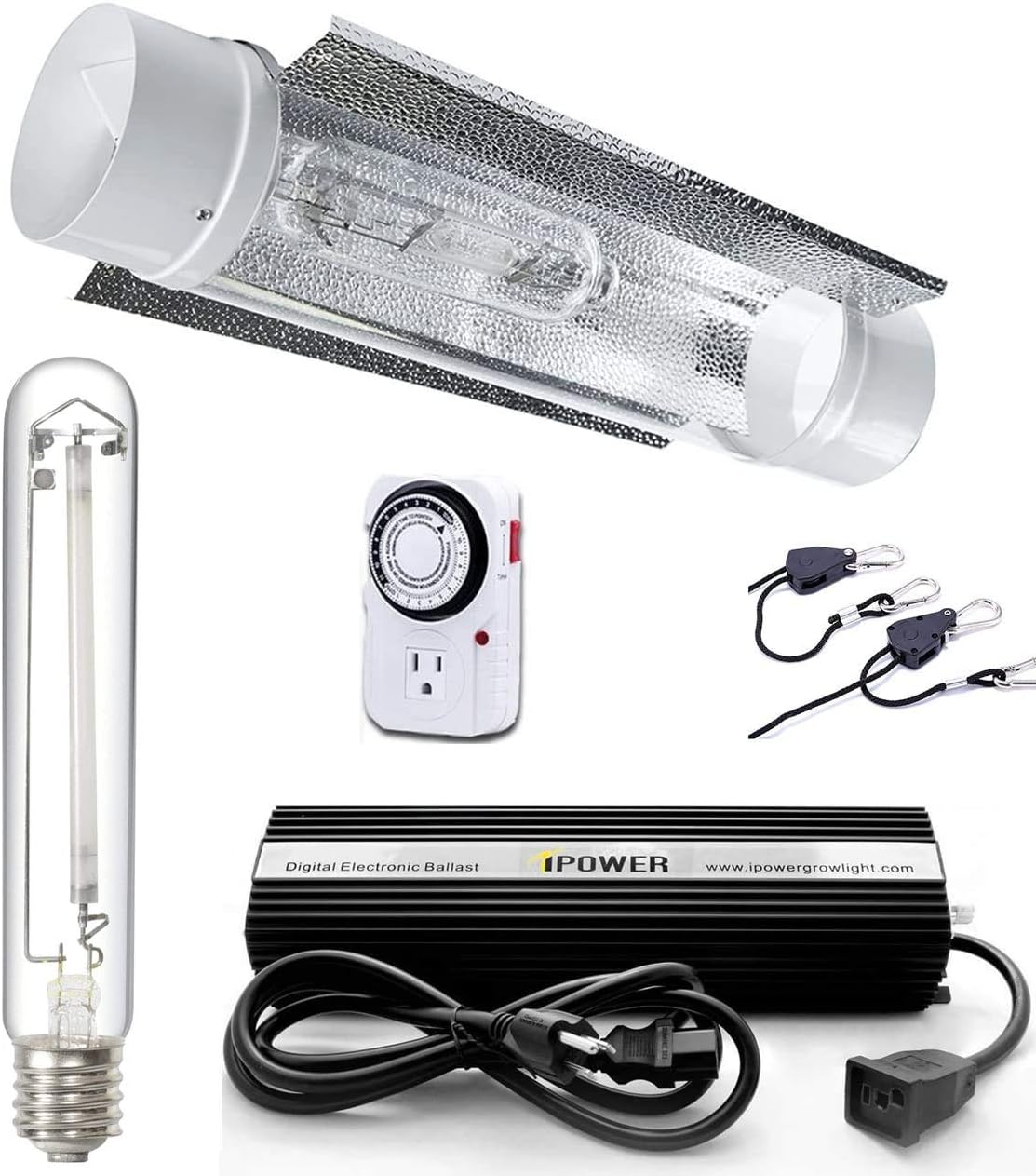 iPower GLSETX600DHCT6 Horticulture 600 Watt HPS Digital Dimmable Ballast Grow Light System Kits Cool Tube Reflector Set Add-on Wing with Timer, 600-Watt, White