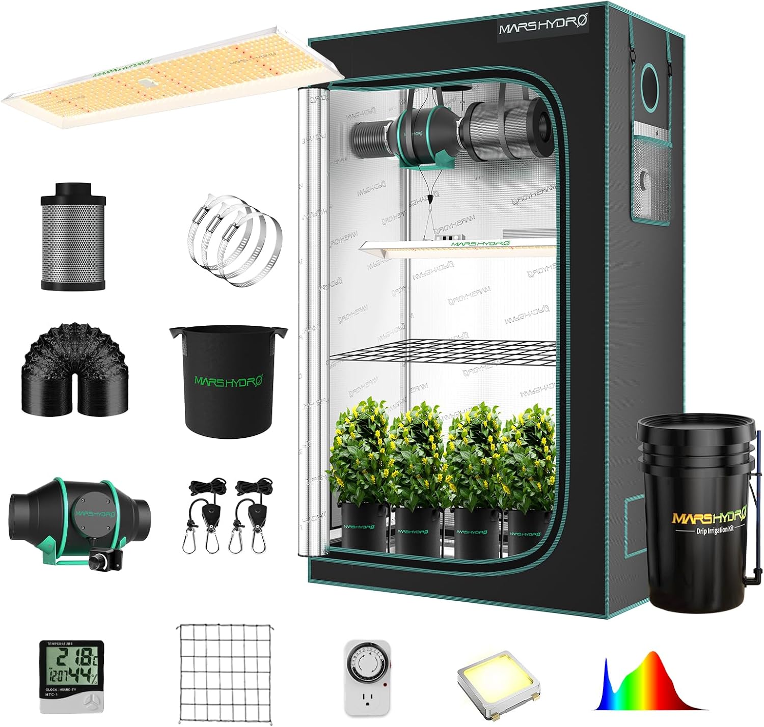 MARS HYDRO 2x4 Grow Tent Complete System with Auto Drip Irrigation Kit for New Grower 300W TSL2000 684pcs LEDs Dimmable Light, 24x48x70 Hydroponic Grow Tent 1680D Canvas with 4” Ventilation Kit