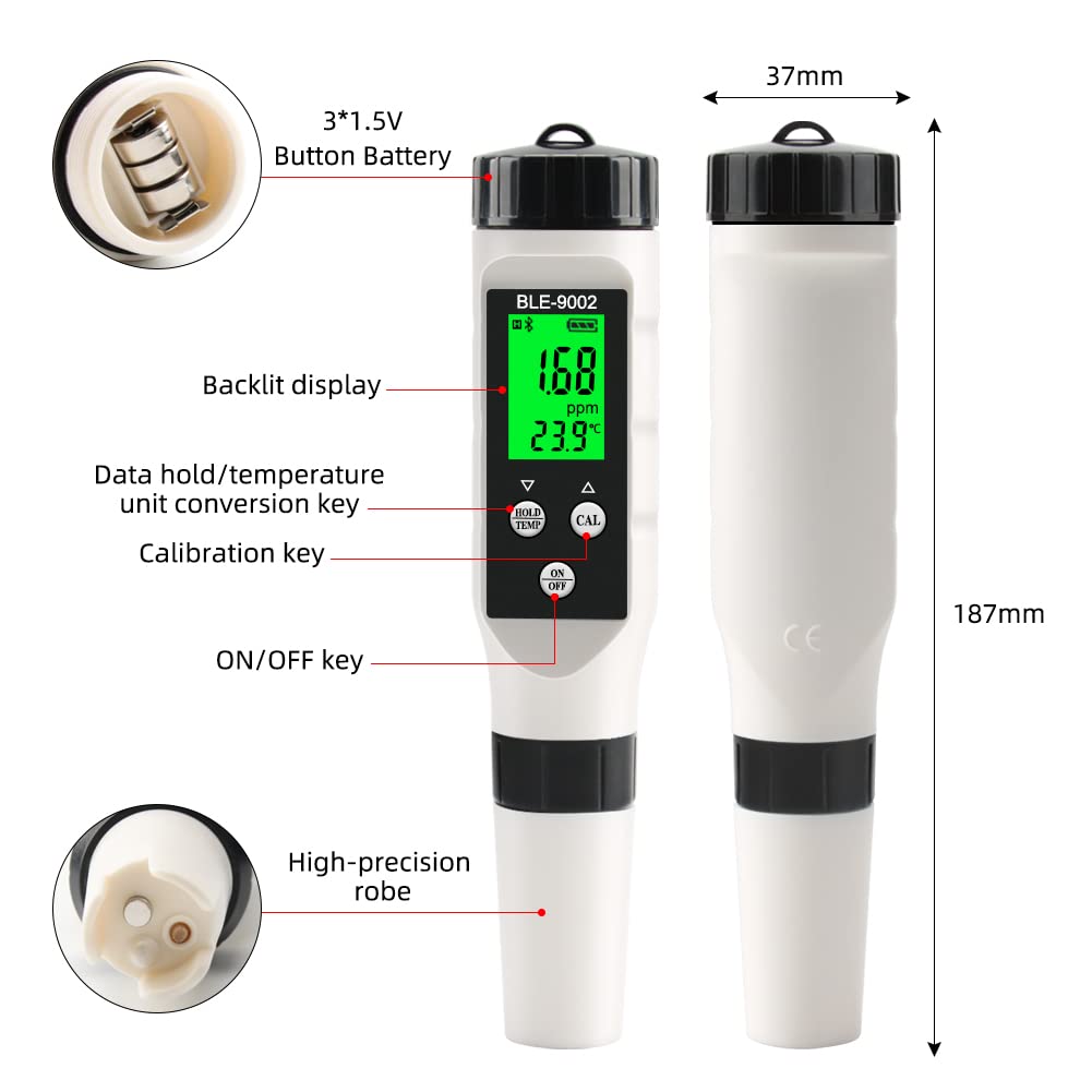 TDS Meter Water Quality Tester, 4-in-1 Smart Bluetooth TDS/EC/RH/Temp Meter for Water Hydroponics Aquarium